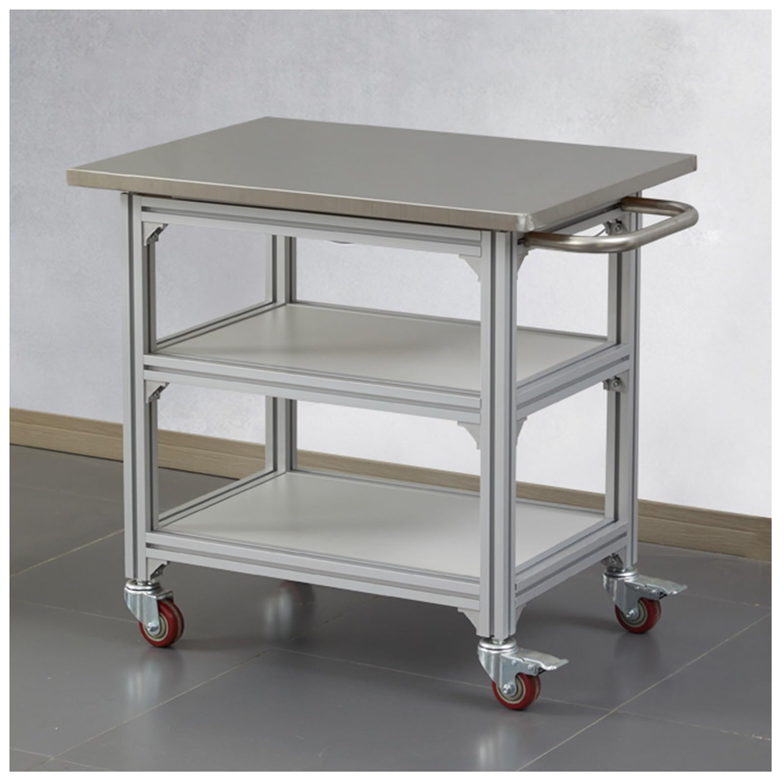 Banco de Trabajo Móvil con Ruedas Y Superficie de Acero Inoxidable Carro de para Taller con Estructura de Aluminio Mesa de Embalaje para Almacén con Asa