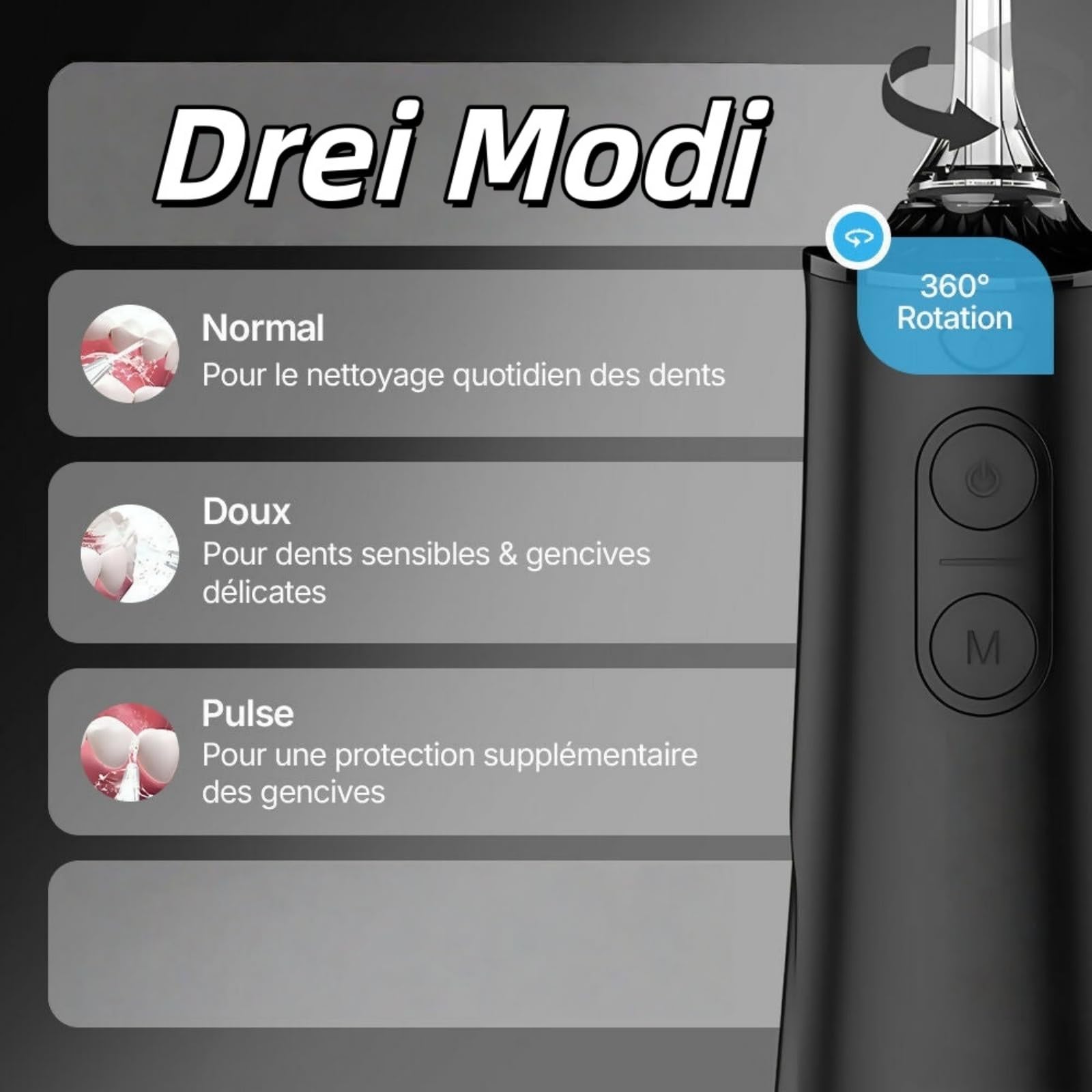 Hydropulseur sans fil pour un soin dentaire & buccal optimal / 3 modes & 4 embouts/Réservoir de 180 ml/Étanchéité IPX7 / Jet dentaire pour gencives