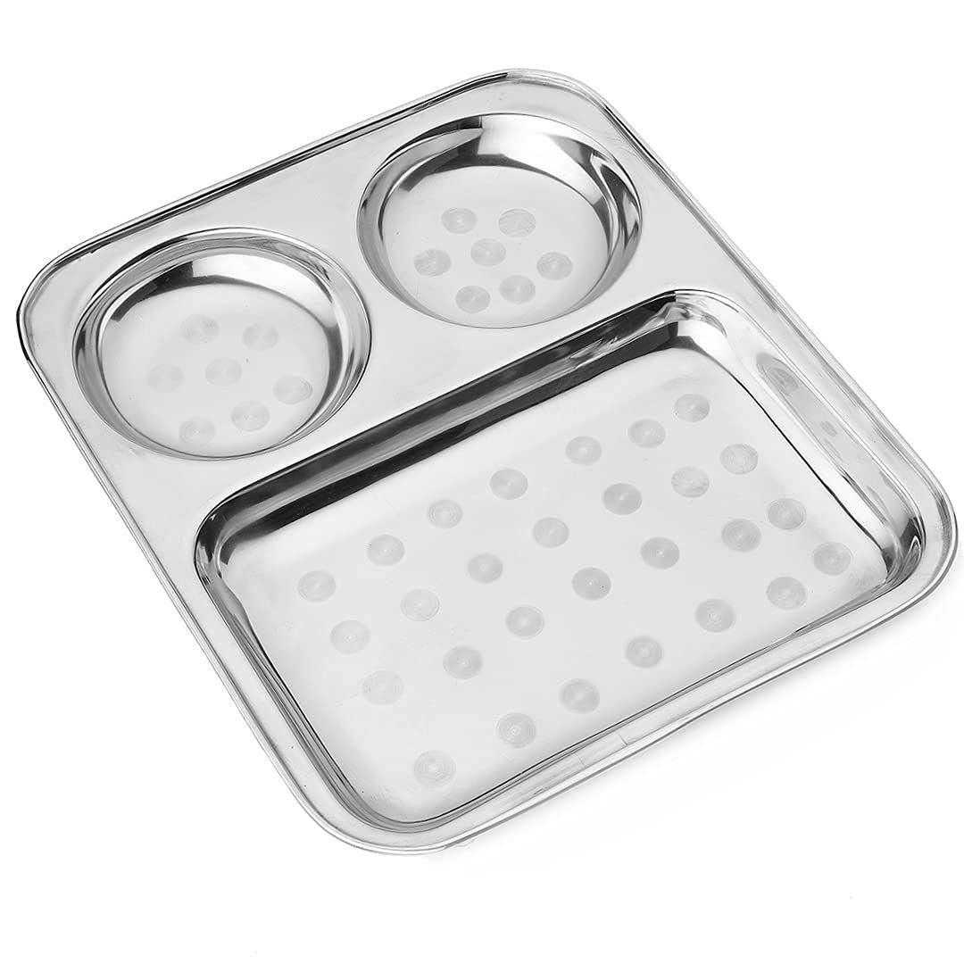 KipiqPremium Stainless Steel Dinner Plates| Heavy Plates Compartment|Pav Bhaji Plate| Bhojan Thali| Divided Tray| Kitchen Accessories Items (2 Pieces, 29.21 X 24.8 cm)