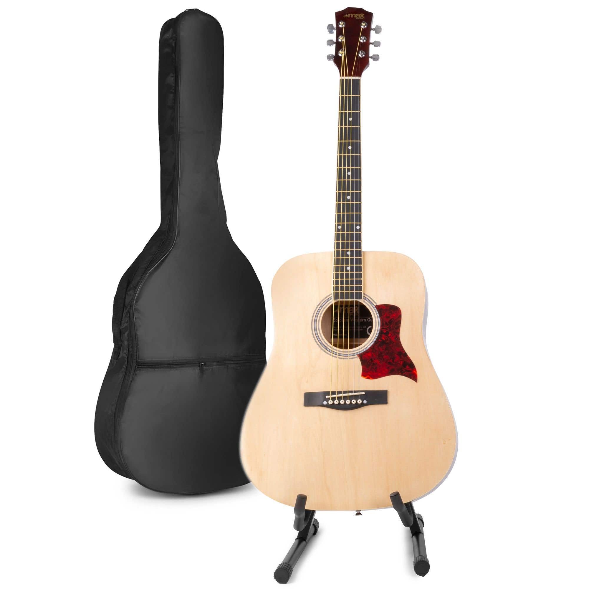 MAX SoloJam Akustik Gitarre Set - Westerngitarre, Gitarrenständer, Gitarrentasche, Plektrum, Gitarrenstimmgerät, Schultergurt, Saiten, Gitarren-Starterset mit Zubehör - Natur