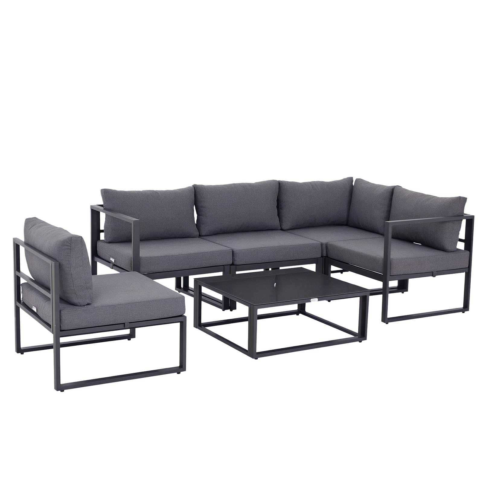 Outsunny 6-TLG. Gartengarnitur Gartenset mit Kissen für 4–5 Personen Grau | Gartensofaset Sitzgruppe Gartenmöbel, Alu+ Polyester + Hartglas, 4 x Sessel, 1 x Ecksofa, 1 x Beistelltisch