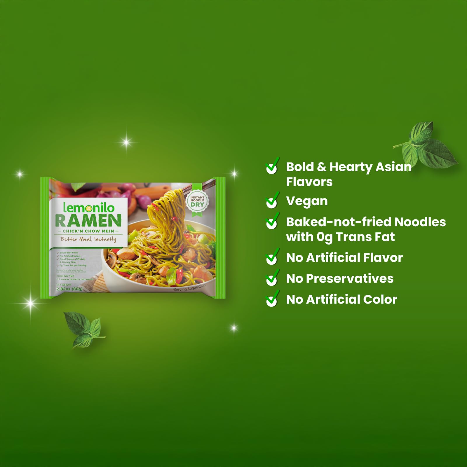 Lemonilo Ramen Healthy Instant Ramen Oven Baked Noodles with Spinach and Leek, Made with All-Natural Ingredients, Quick Meal Kit, Chick'n Chow Mein, Single Pack
