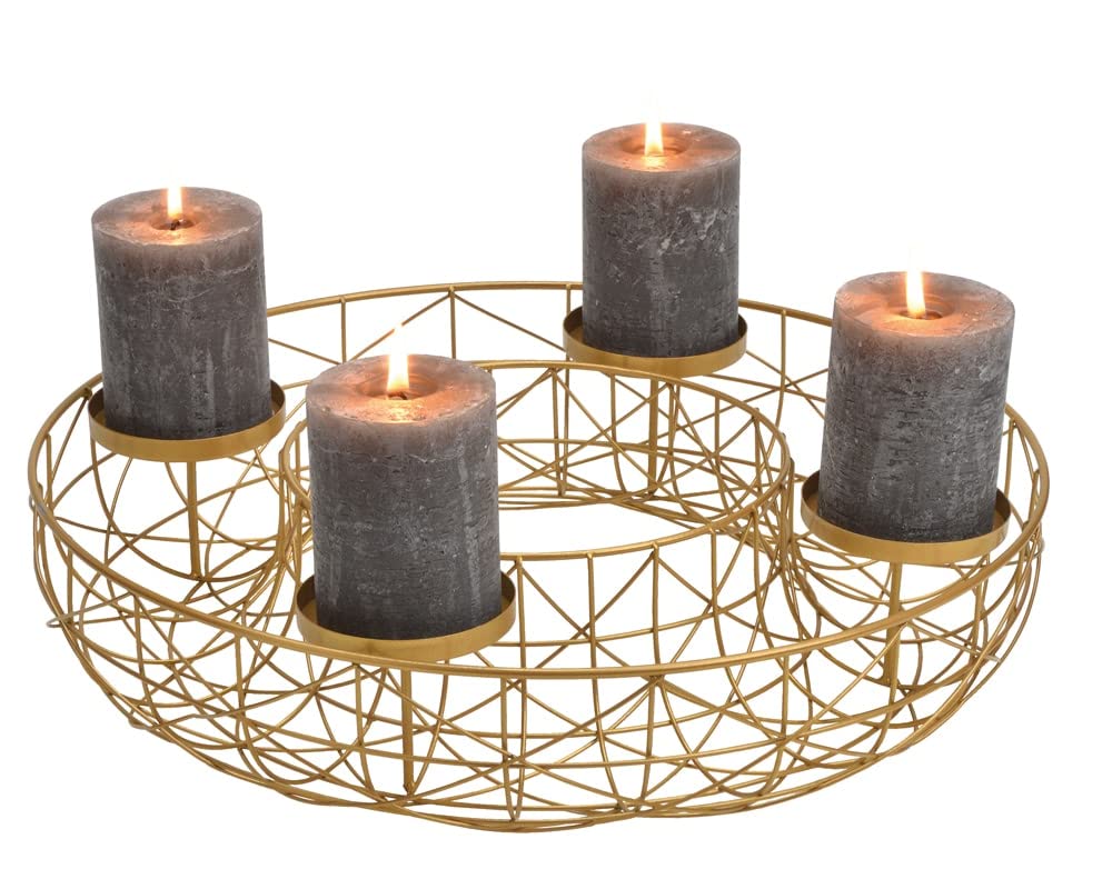 matches21 Corona de Adviento para 4 velas de pilar, corona de Navidad con cesta, Navidad, oro, metal, 1 unidad, diámetro 40 x 8 cm