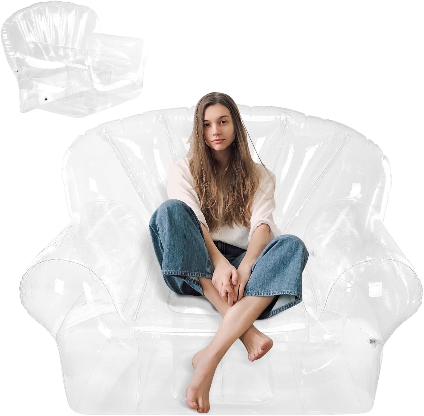 Inflatable Chair, Transparent Inflatable Couch Sofa Adult, 43.3'' x 33.5'' x 29.5'' Outdoor & Indoor Blow Up Couch for Bedroom, Balcony, Pool, Lawn, Travel, Maximum Load 300LB (Transparent)