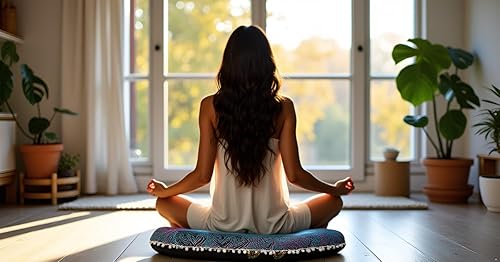 Miniatura 2 de Funda redonda para cojín de mandala, estilo hippie, bohemio, otomana, con pompones, funda decorativa, boho, india, 22 pulgadas (multicolor Yin yang)