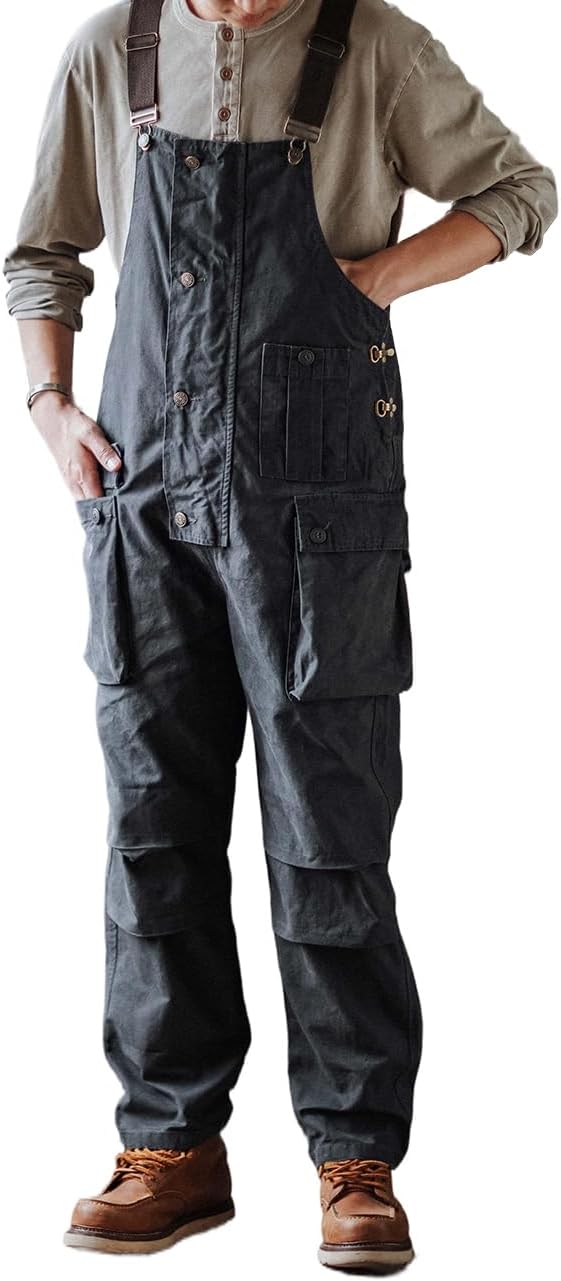 Men's Bib Overalls Loose Fit Canvas Coveralls Workwear Dungarees Jumpsuit with Flap Cargo Pockets