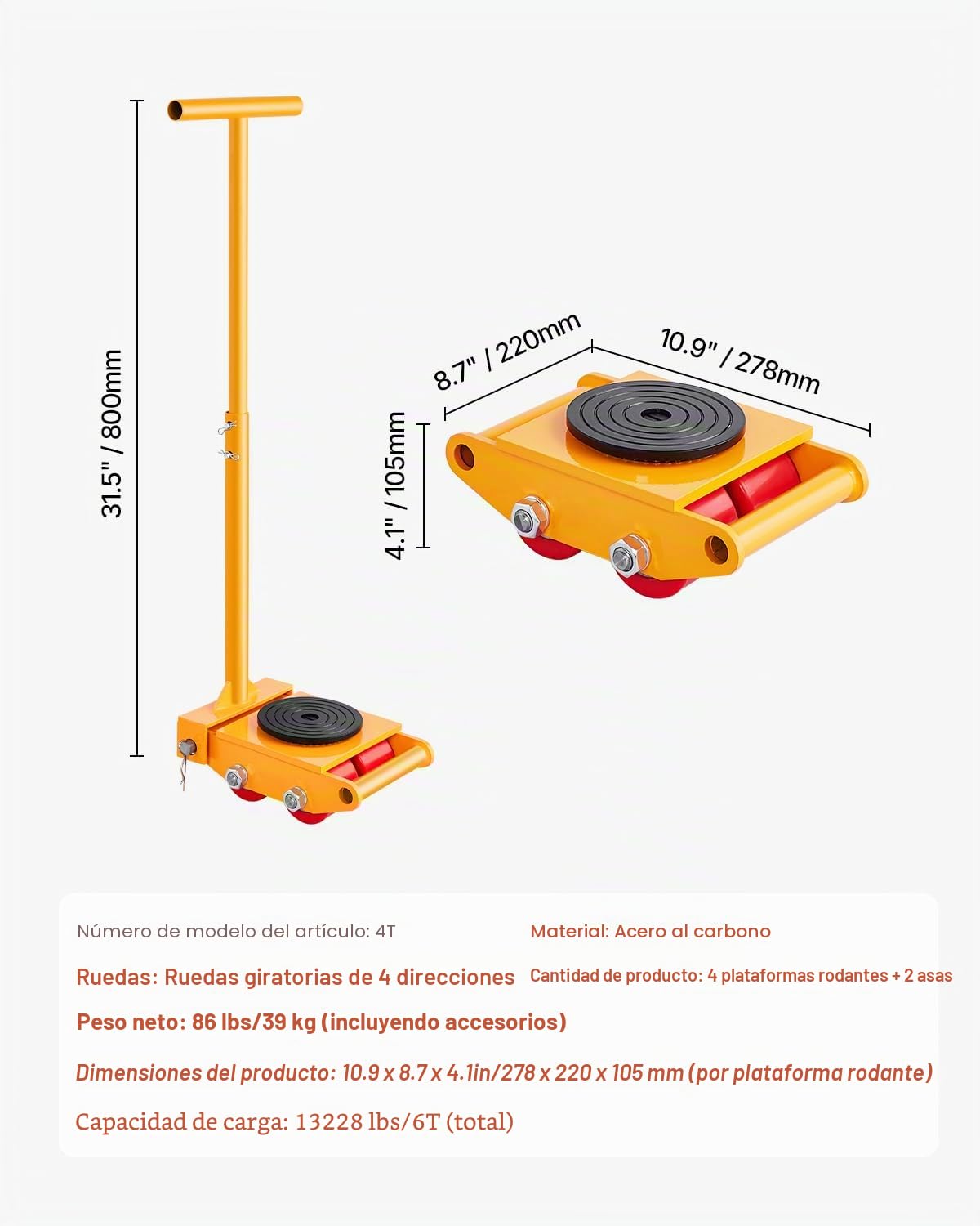 VEVOR 4 PCS Plataforma Rodante para Maquinaria y 2 Manijas, Total Carga de 6 T, Carro para Maquinaria con Tapa Giratoria de 360° y 4 Ruedas Direccionales, Equipo de Movimiento Industrial, Amarillo