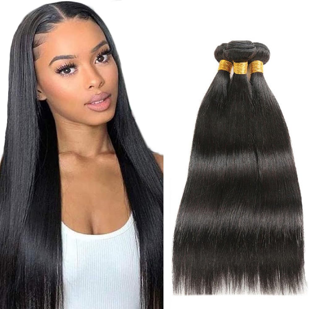 Straight Human Hair Bundles 1B Natural Black Perruques Extensions Double Weft Unprocessed Brazilain Remy Hair Weave Extension With Minimal Tangle 3 Bundles Total 300g 12 12 12 Inch