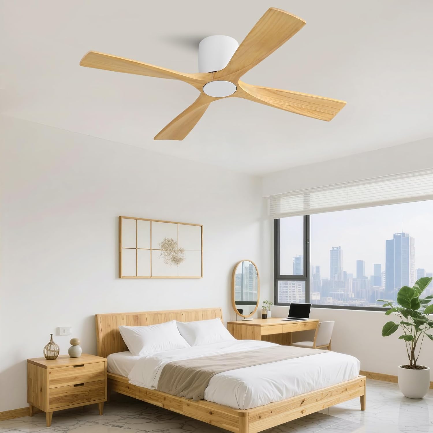 WINGBO 48 Inch Ceiling Fan Without Light, Solid Wood Flush Mount Ceiling Fan with Remote Control, Reversible DC Motor, 4 Blades,6-Speed Quiet Performance, for Bedroom & Living Room,White+Light Wood
