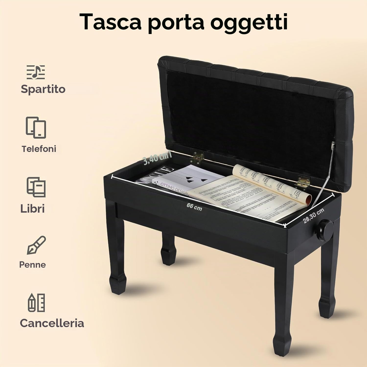 LIFERUN Sgabello per Pianoforte Regolabile in Altezza 50-58 cm, Panca Pianoforte con Vano Portaoggetti, Sgabello Pianoforte per Duetto in Pelle PU Ispessita con Gambe Curve in Legno, Nero