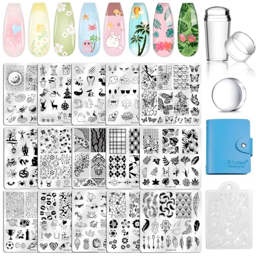 Biutee Nail Stamping Plates Set 15PCS Nail Stamping Kit with Nail Art Stamper & Scraper Nail Stamp Kit Lace Flower Butterfly Halloween Christmas Designs Nail Art Stencils for Manicure Salon Home DIY