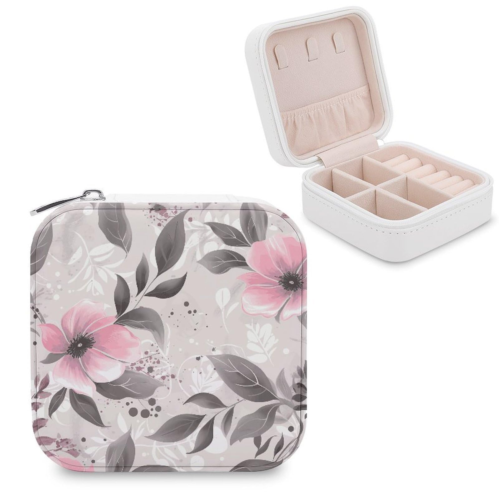 MUSM Pink Flowers And Leaves on Gray Travel Jewelry Case Personalized PU Leather Jewelry Boxes for Women Small Portable Jewelry Organizer Box Cute Trinket Box for Necklaces Rings Earrings & Gifts