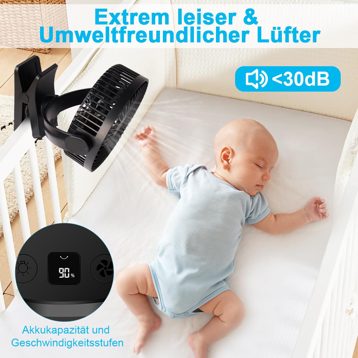 ELZO 12000mAh Camping und Tischventilator, 21 cm USB Ventilator mit LED-Licht, Haken, 360° leise mit Fernbedienung, Clip-Ventilator für Kinderwagen, Büro (Schwarz)