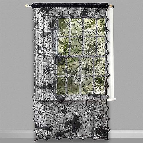 Tenda del Merletto di Halloween 107 * 213cm Tenda di Halloween in Pizzo Nero Ragnatela Strega Pipistrello Ragno Zucca Tenda per Finestra in Pizzo per Porta Pannelli Halloween Festa Decorazione