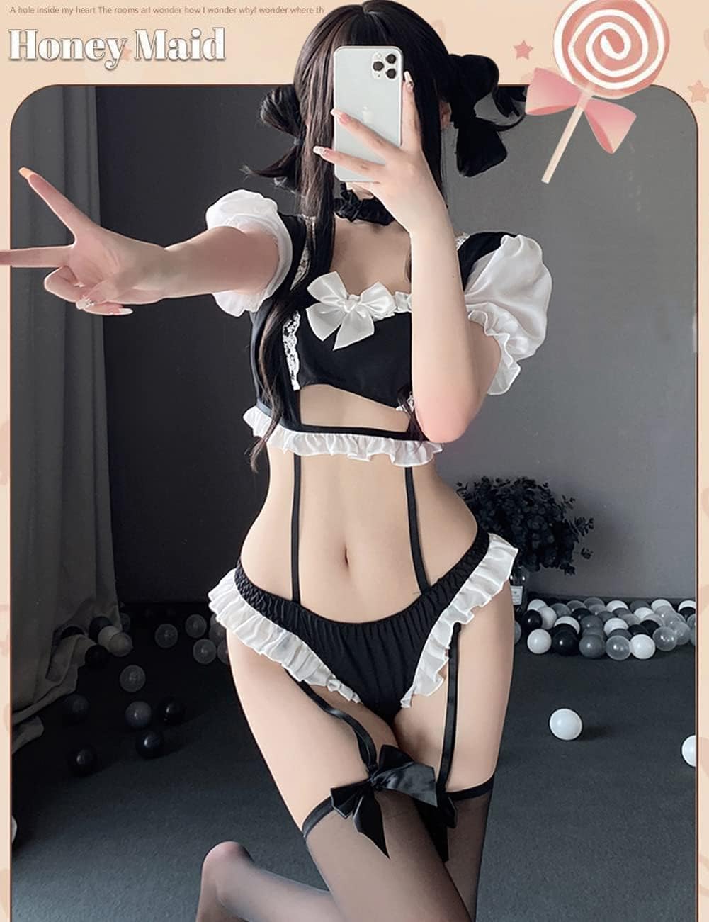 Maid Cosplay Lingerie Set with Lace Trim and Garter Straps