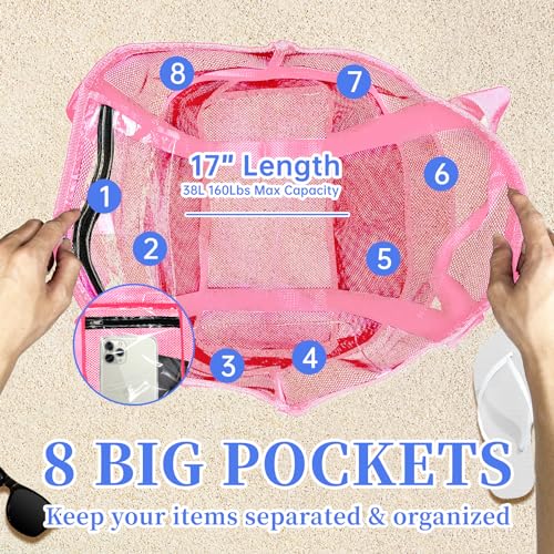 Large Mesh Beach Bag - Lightweight & Foldable Family Beach Bag with 9 Pockets for Toys, Towels & Vacation Essentials3