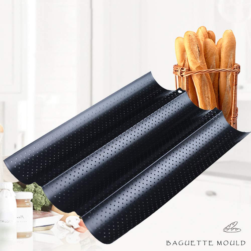 Poêle à Baguette Française Perforée - 3 Baguettes - Antiadhésive - Acier Carbone 38x24.5cm