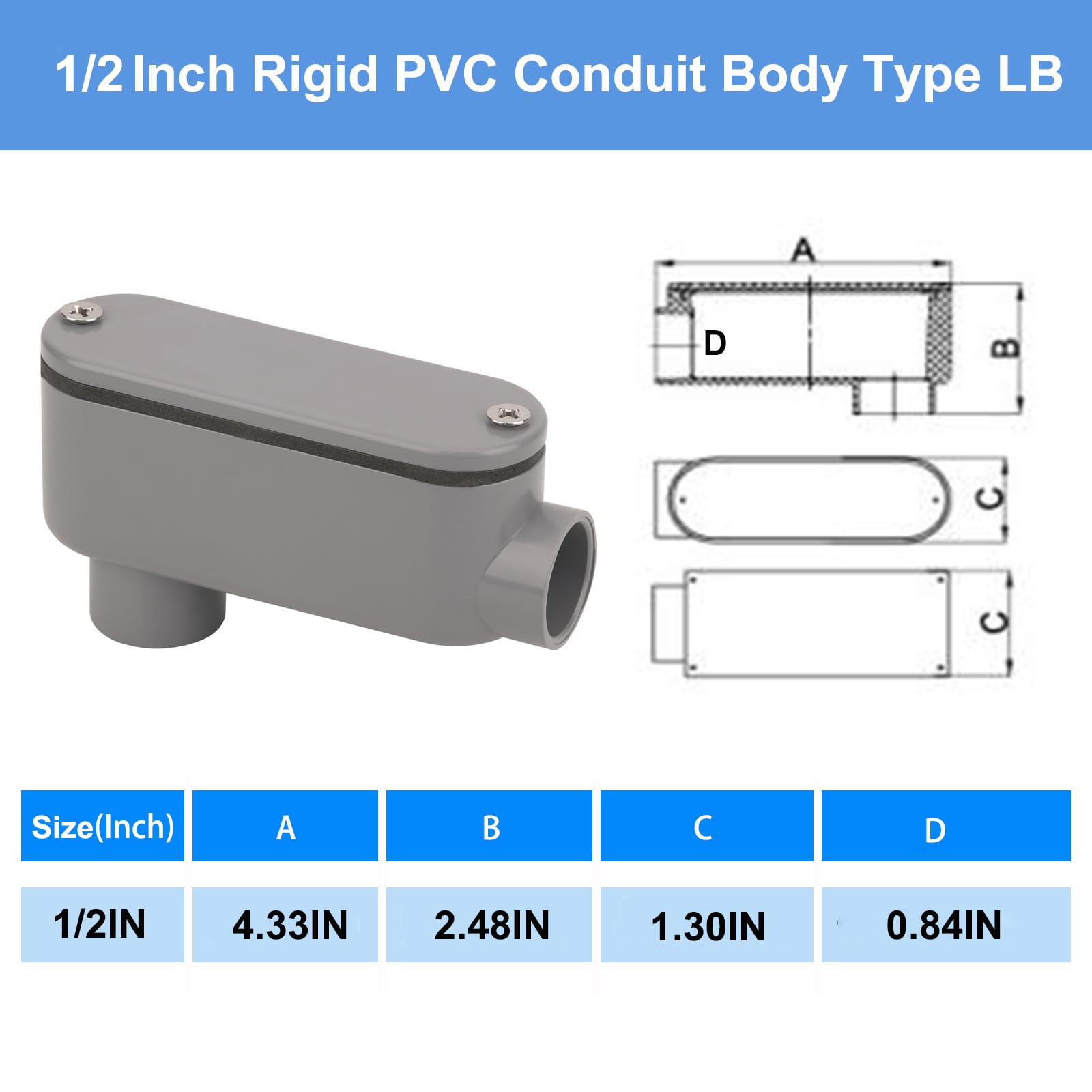 4Pack 1/2 Inch Rigid PVC Conduit Body Type LB, Slip x Slip PVC Conduit Bodies LB Type with Cover and Gasket, Gray — Amazon image 2