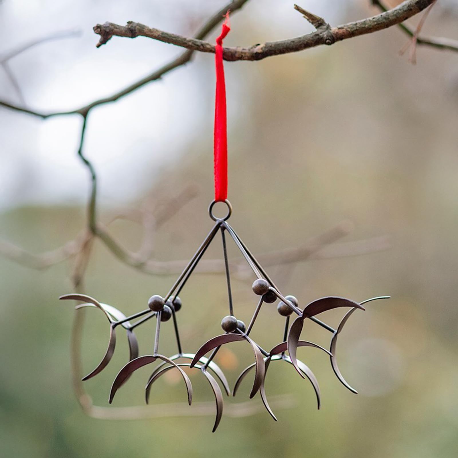 Crocus Collection 11.5cm Hanging Mistletoe Antique Brass Silver Design and Red Ribbon for Garden Decoration