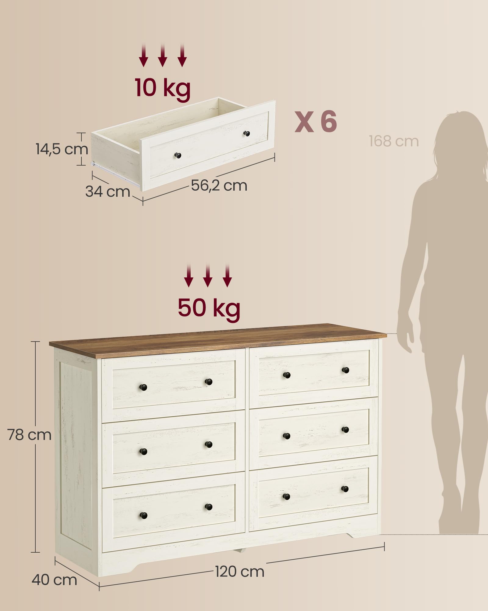 VASAGLE Kommode mit 6 Schubladen, Aufbewahrungsschrank aus Holzspanplatte und MDF, 120 x 40 x 78 cm, Weiß, Landhausstil, für Schlafzimmer, Flur, Siren Kollektion LTS663WJ01