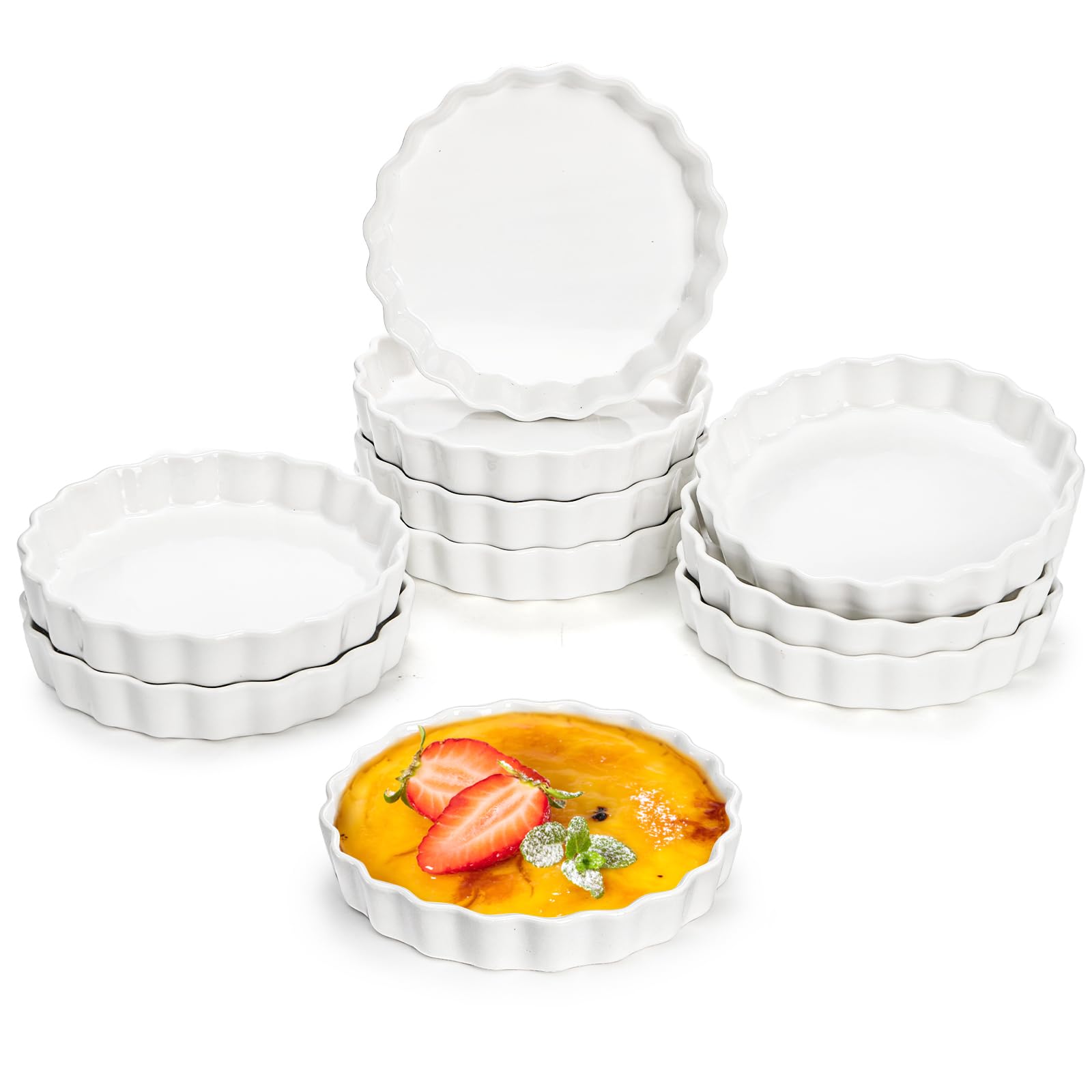 Foraineam Paquete de 10 ramequines de crema brulee de 8 onzas, platos redondos estriados para quiche de 6 pulgadas, bandeja de porcelana para hornear poco profunda, apta para horno para hornear