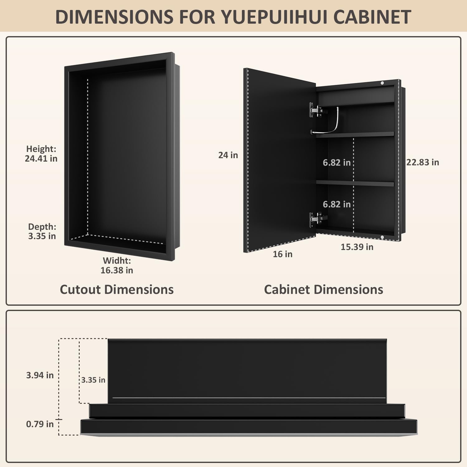 16X24 Inch Bathroom Medicine Cabinet, Adjustable 3-Color Brightness Dimming LED Mirror Recessed, Black
