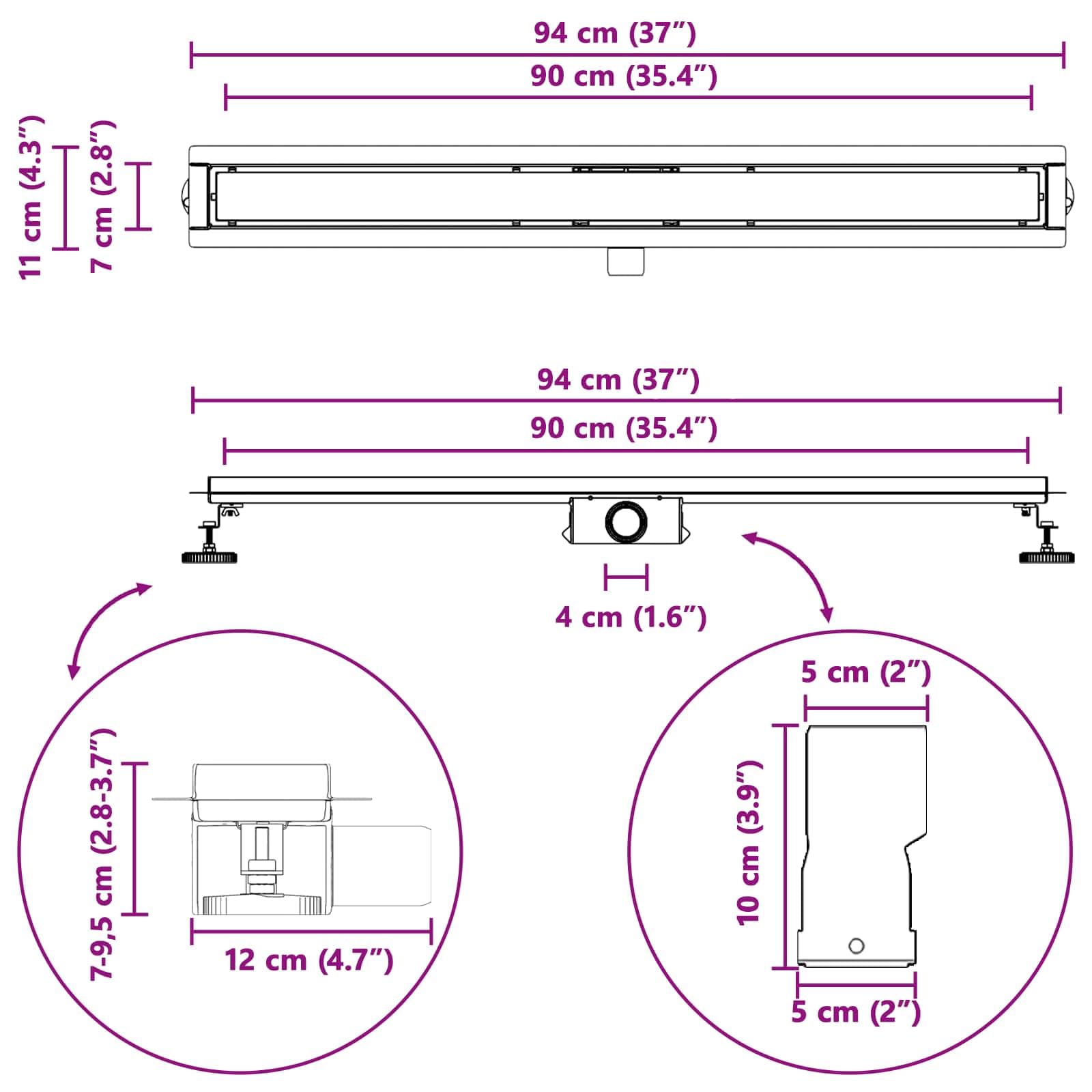 vidaXL Odwodnienie prysznicowe z osłoną szklaną Czarny 90 cm