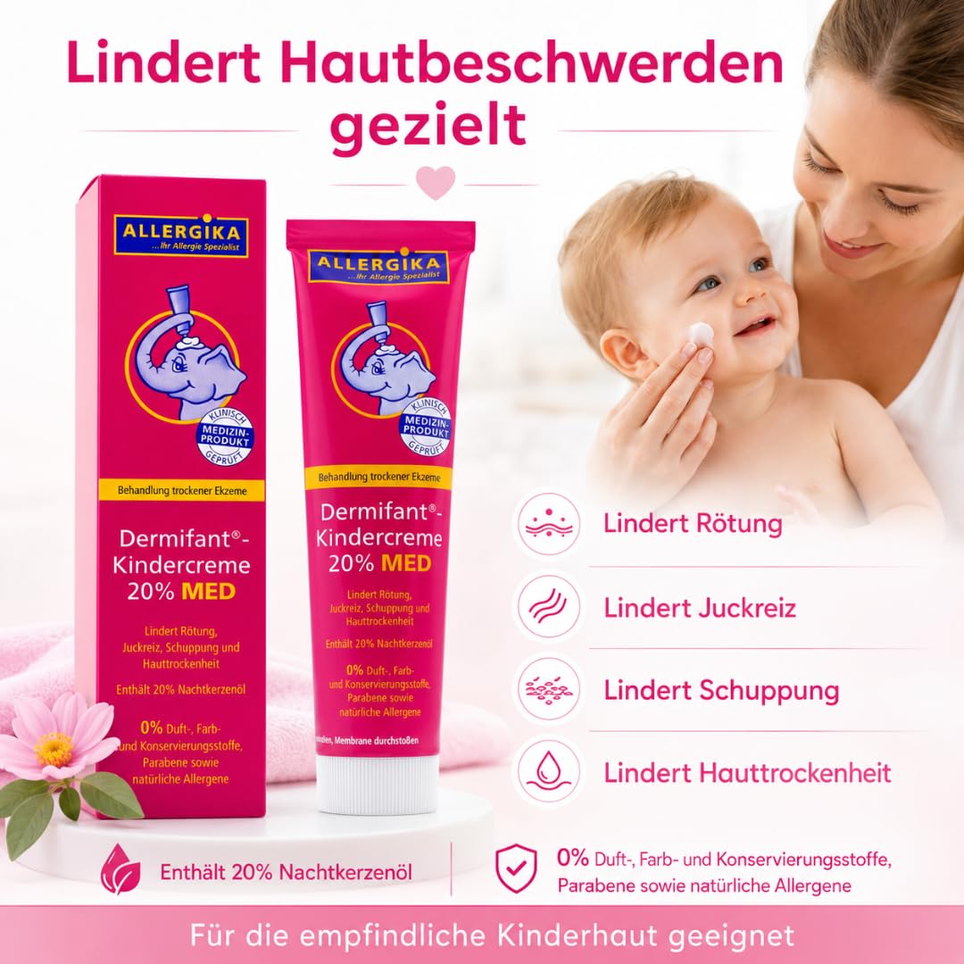 Kindercreme 20% MED 100 ml I mit Pharma Perle Duschgel (3x) | Kortisonfreie Ekzempflege mit 20 % Nachtkerzenöl bei Schuppung, Juckreiz und Hauttrockenheit für Babys und Kinder