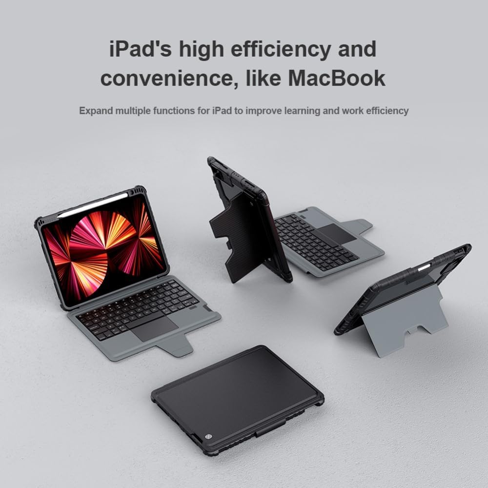Multiple configurations of the Nillkin Bumper Combo Keyboard Case, showing different viewing and working modes for the iPad.