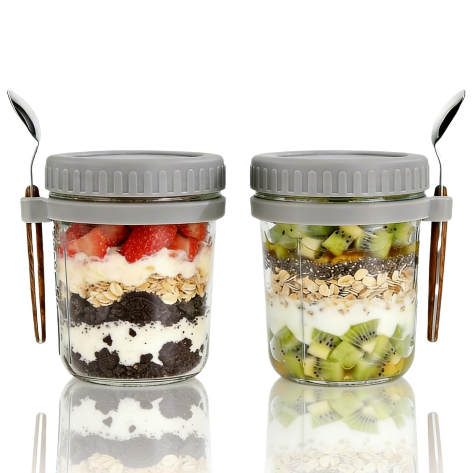 Siocok 2 Pack Overnight Oats Containers with Lids and Spoons 350ml Glass Mason Jars Measurement Marks Food Storage Containers, Breakfast Jars Yogurt Pot for Homemade Oatmeal Salad Jam Pudding Chutn
