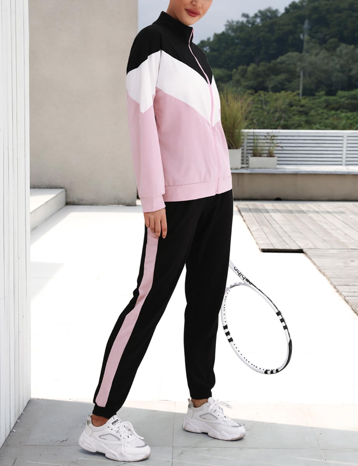Marvmys Survêtement Femme Couleurs Contrastées élégant Sport Ensemble Sportwear à Manches Longues Zippé Pour Fitness Jogging