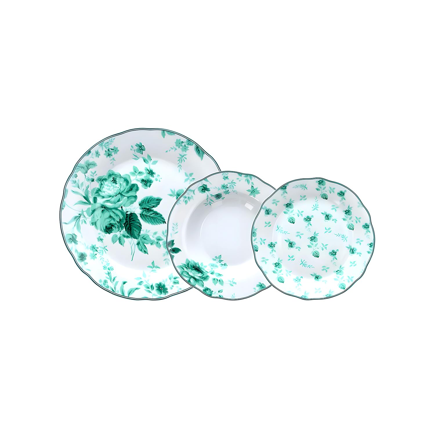 Wintem Porcelanowy serwis obiadowy z talerzami obiadowymi, talerzami obiadowymi i deserowymi - idealny na specjalne okazje lub do codziennego użytku - zestaw talerzy dla 6 osób - biały z zielonymi