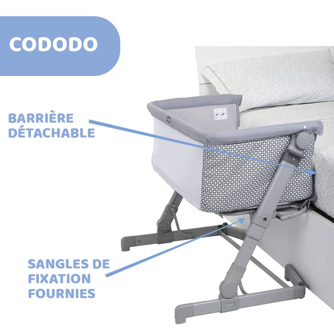 Chicco Next2Me Go Berceau Bébé Lit Latéral, Compatible avec Plusieurs Lits, Réglable en Hauteur, Bonne Circulation d’Air, Berceau de Voyage, Lit de Voyage, Pliable, Gris Clair