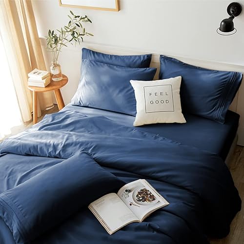 LBRO2M Bed Sheets Set Queen Size 6 Piece 16 Inches Deep Pocket 1800 Thread Count 100% Microfiber Sheet,Bedding Super Soft Comfortable, Cool Warm,（Navy Blue）