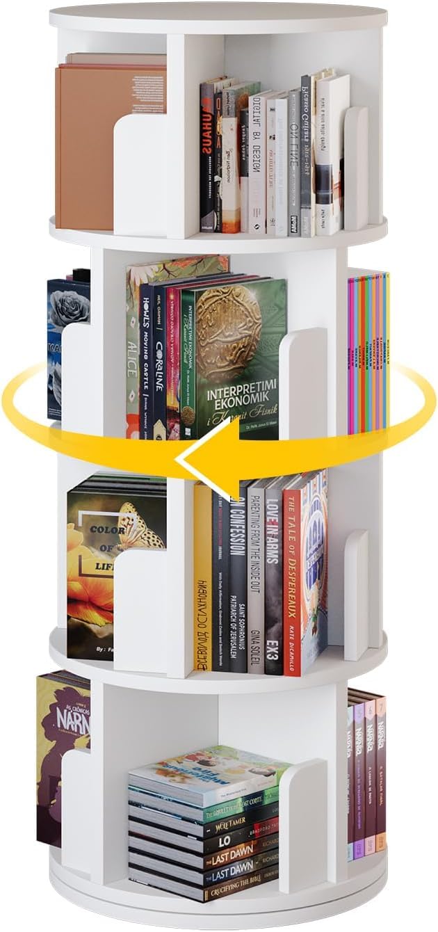 oneinmil Estanteria Giratoria Libros, Estantería Giratoria con 4 Niveles de 360 Grados para Niños y Adultos, para Salón, Habitación Infantil, Estudio, Oficina, 40x40x128 cm, Blanco