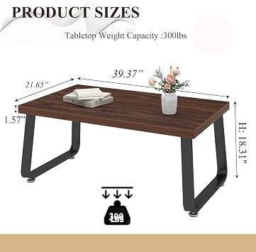HSH Walnut Coffee Table, 55D×100W×46.5H cm, Rustic Industrial Wooden Coffee Table for Living Room Bedroom Office