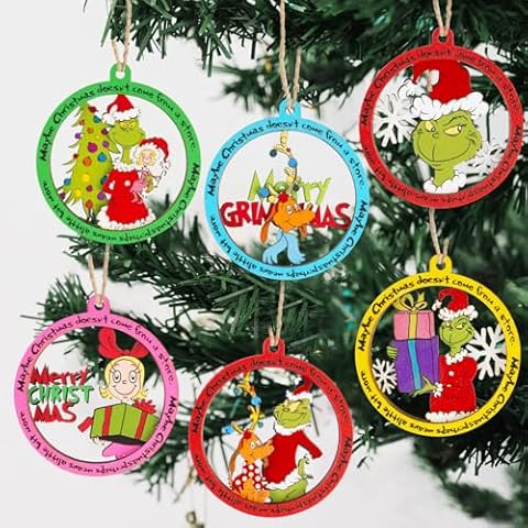Christmas Tree Decorations, 6pcs Cute Christmas Wooden Ornaments for Tree, Green Gnome Round Xmas Hanging Pendants Tags for Xmas Tree Party Home Decor Indoor DIY Crafts, 3 Inch Cover