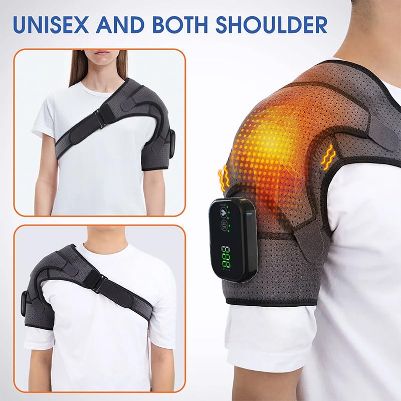 Coussin De Massage Chauffant Sans Fil Pour Épaule, Attelle Chauffante avec 3 Niveaux De Chaleur Et Vibrations, Écran Tactile et Batterie Haute Capacité, Adaptée À L'Épaule Gauche/Droite pour Unisexe