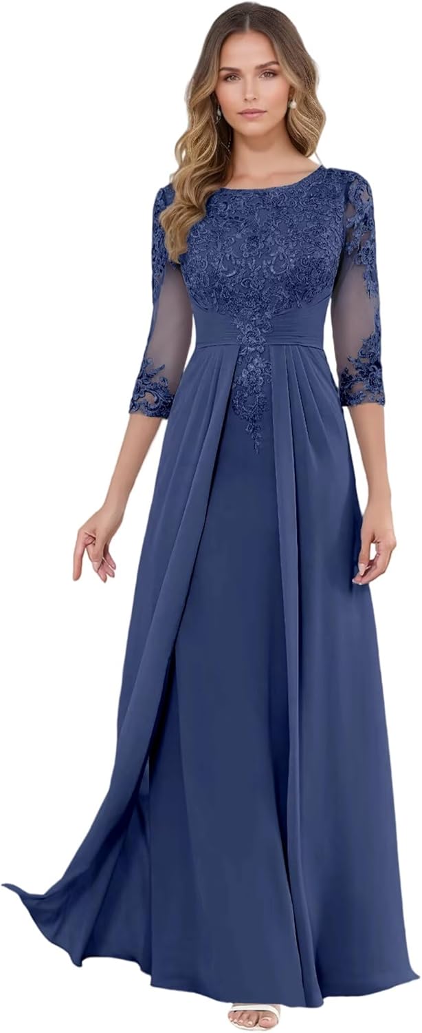 3/4 Sleeves Chiffon Mother of The Bride Dresses for Women Lace Applique Flowy Mother of The Groom Dresses with Train