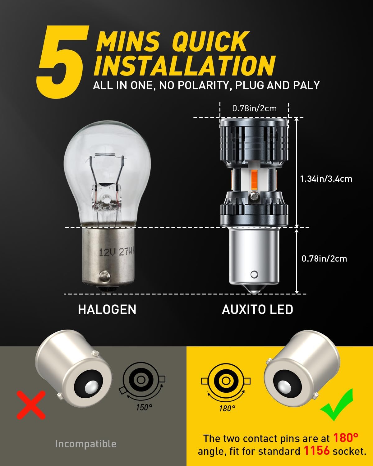 AUXITO CANBUS 1156 LED Bulbs Amber Yellow with Built-in Resistor 7506 1003 1141 BA15S P21W Anti Hyper Flash Error Free Turn Signal Lights Blinker Parking Lights, Pack of 2