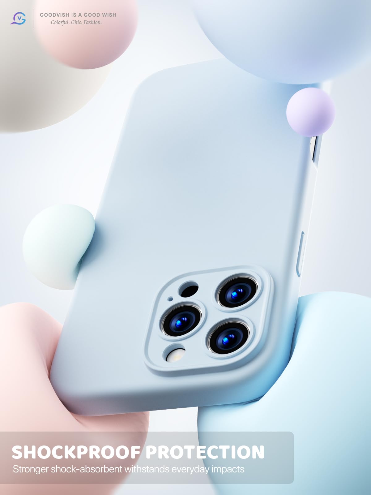 GOODVISH 3 in 1 Silicone Cover per iPhone 16 Pro Max 6.9", Custodia con 2 Pellicola Vetro Temperato [Protezione Fotocamera] Protezione Anticaduta Case per Cellulare Antiurto Resistente, Cielo Blu