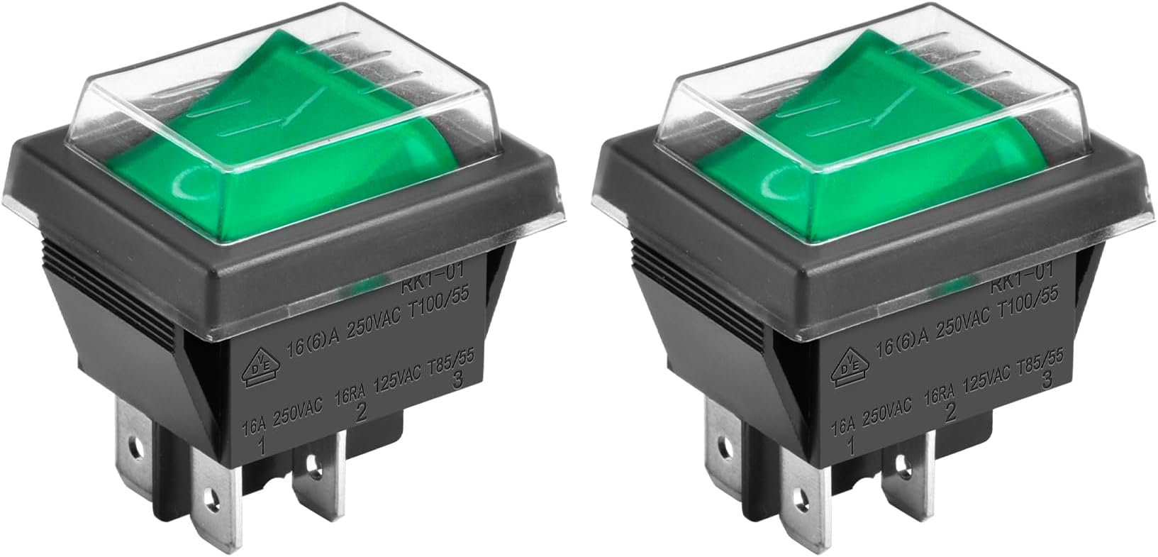 Heschen Rocker Switch ON-OFF DPST 4 Terminals Green Light 16A 250VAC With Waterproof Cover (2)