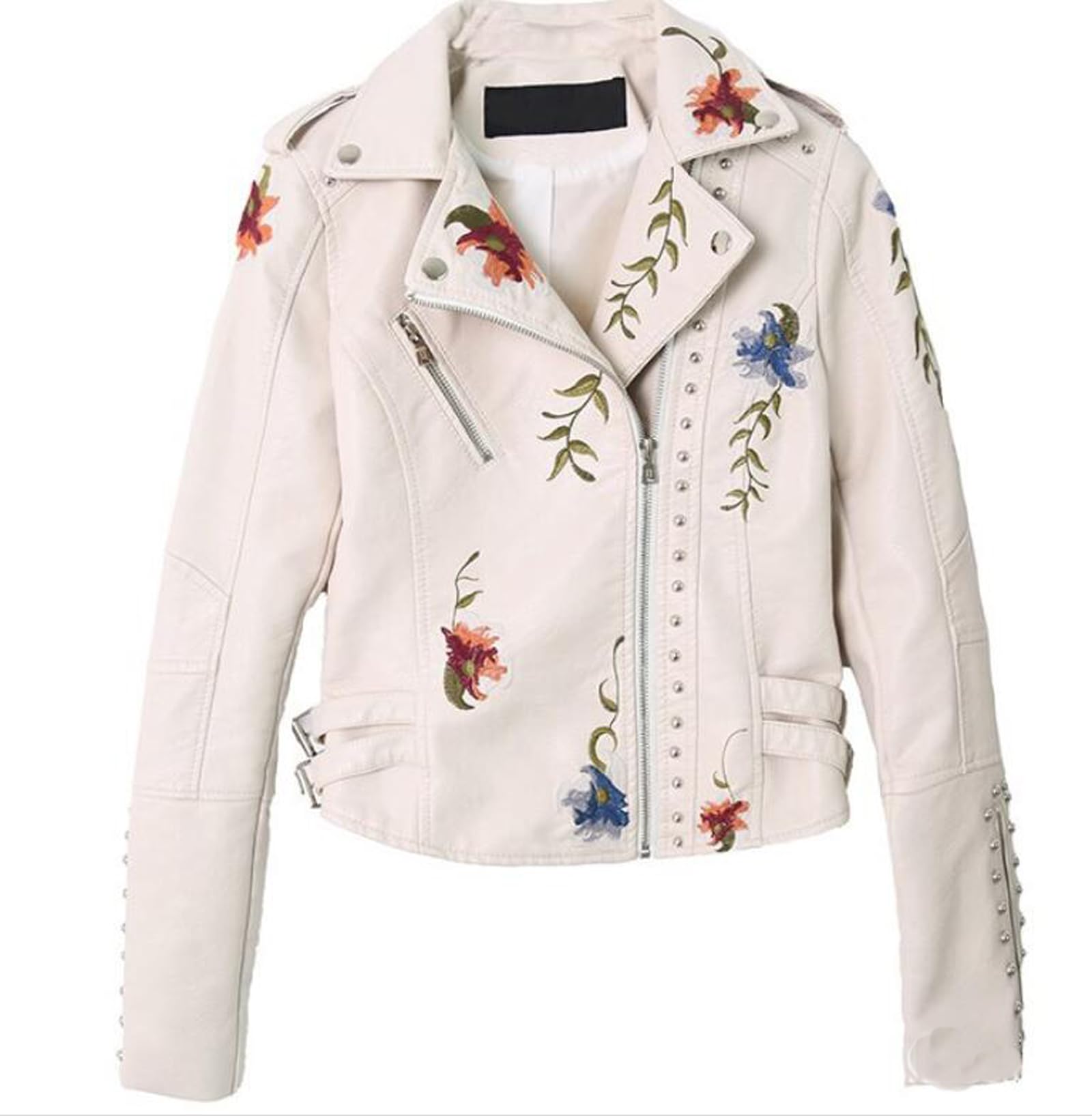 Eflal Women's White Floral Print Leather Jacket,Embroidery Faux Soft Leather Jacket Coat Turndown Collar Pu Moto Biker Black Punk Outerwear,,S
