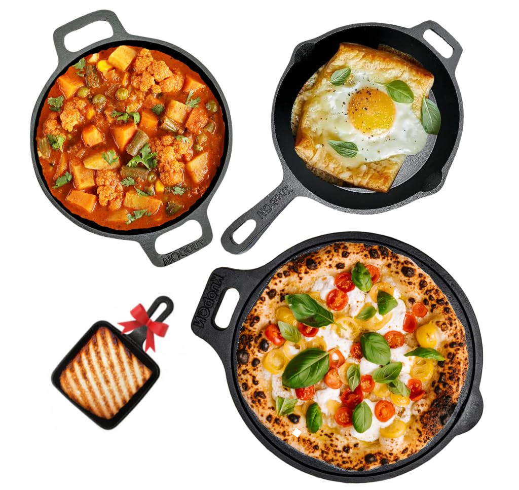Premium Pre-Seasoned Cast Iron Cookware Set + Free Mini Grill Pan| Dosa Tawa (27 cm)+ Kadai (22cm 1.4L)+ FryPan (26 cm 1.5L) Kitchen Cooking Combo Pots & Pans Set of 4 Pcs|