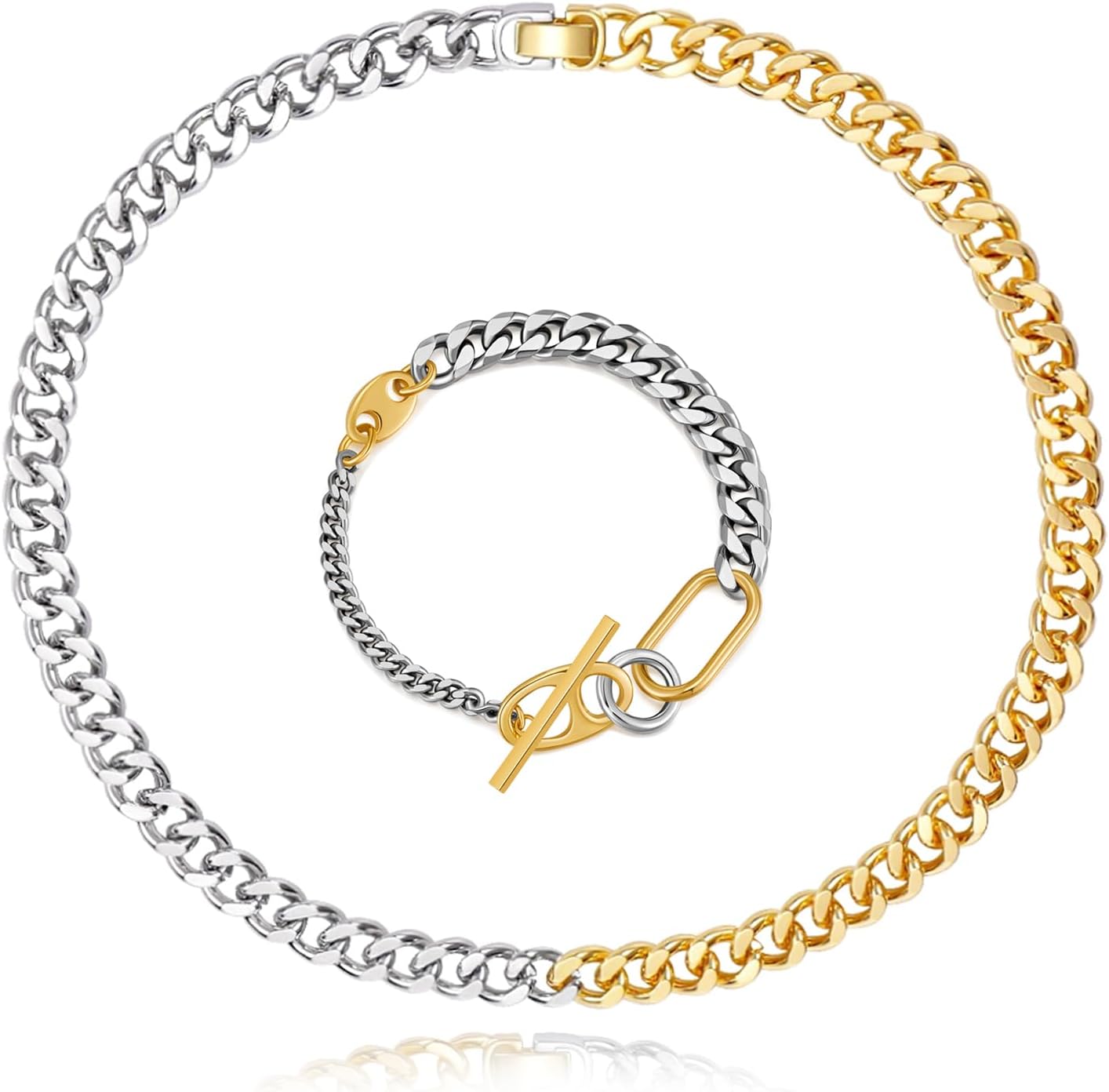 WOWORAMA Two Tone Chunky Chain Necklace and Bracelet Set for Women Gold and Silver Cuban Link Chain Necklace Bracelet Set