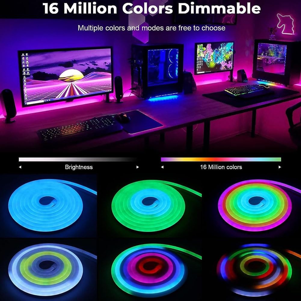 Tira neón Rgb,tira luz TV LED cortable rgbic,material silicona que puede hacer bricolaje en múltiples formas,luz juego LED control inteligente,tira retroiluminación con función sincronización música (