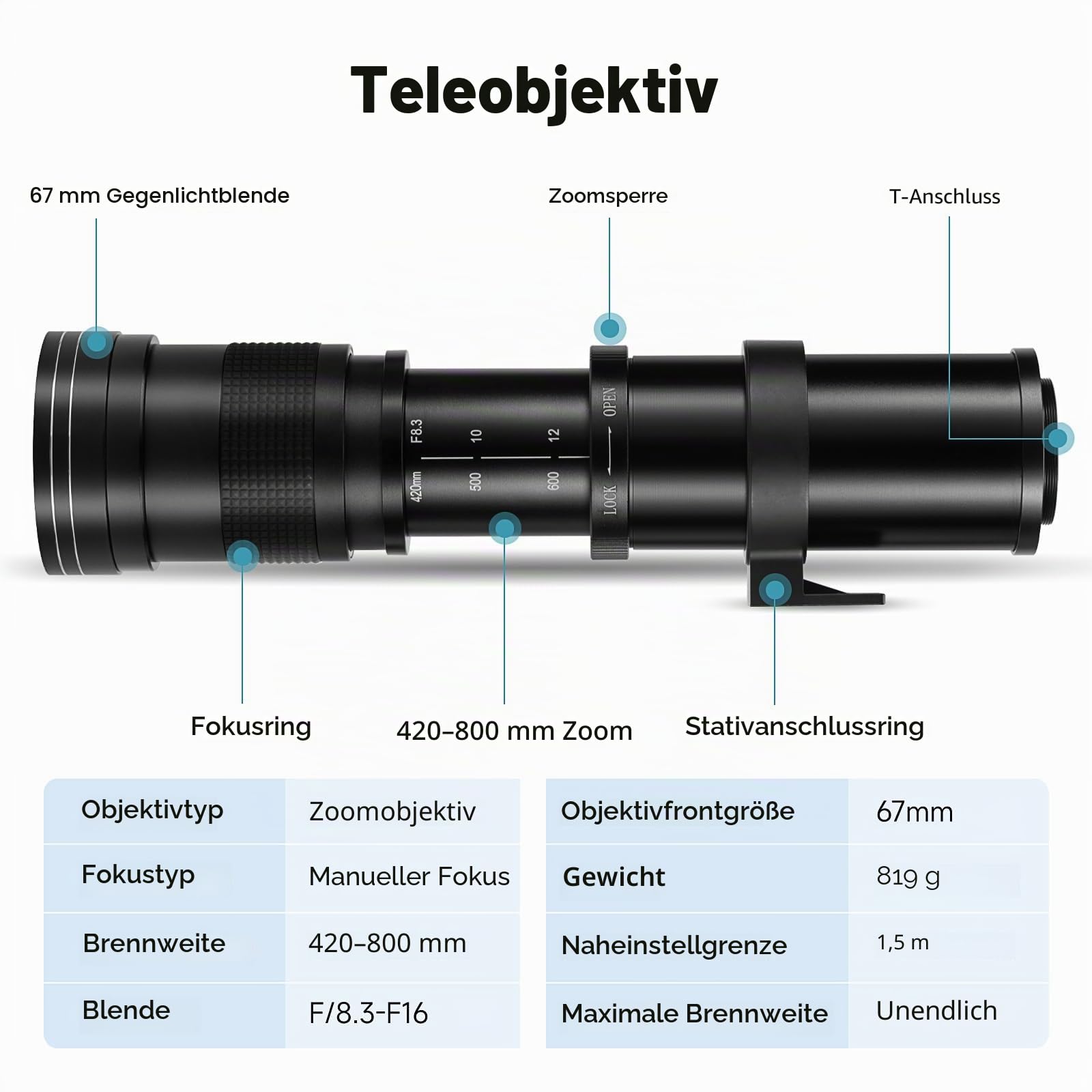 JINTU Teleobjektiv 420-800mm, F Objektiv für Nikon DSLR, Manueller Fokus MF Zoom Objektiv für Nikon D5600 D5100 D5200 D5500 D7100 D7200 D7500 D850 D750 D850 D650 D810 D3000 D3100 D3200 D3500 D90 D80