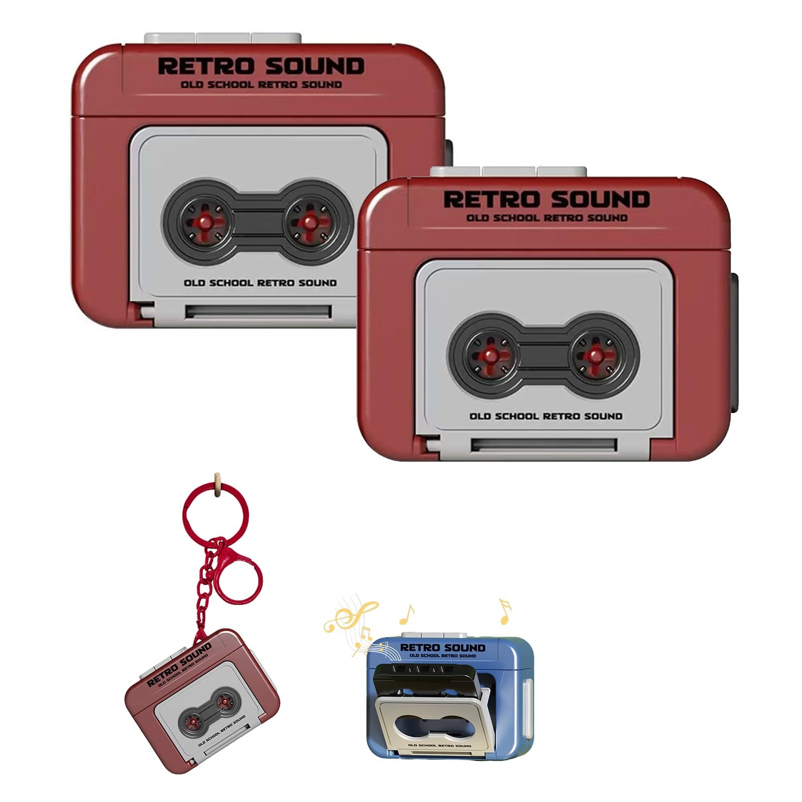Mini Retro Cassette Tape Deck Keychain, Plays Tapes and Music, Creative Tape Recorder Charm(Red,2pcs)