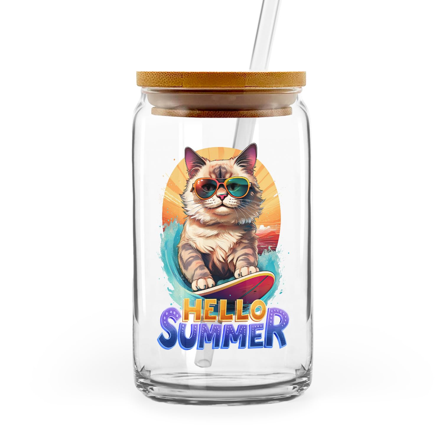 Ninety3POD Retro Surfing Ragdoll in Cool Sunglasses Hello Summer Waves Glass Cup Mug Cat Lover Kitten Owner Gifts Idea 16oz Glass Can with Bamboo Lid and Straw 10001