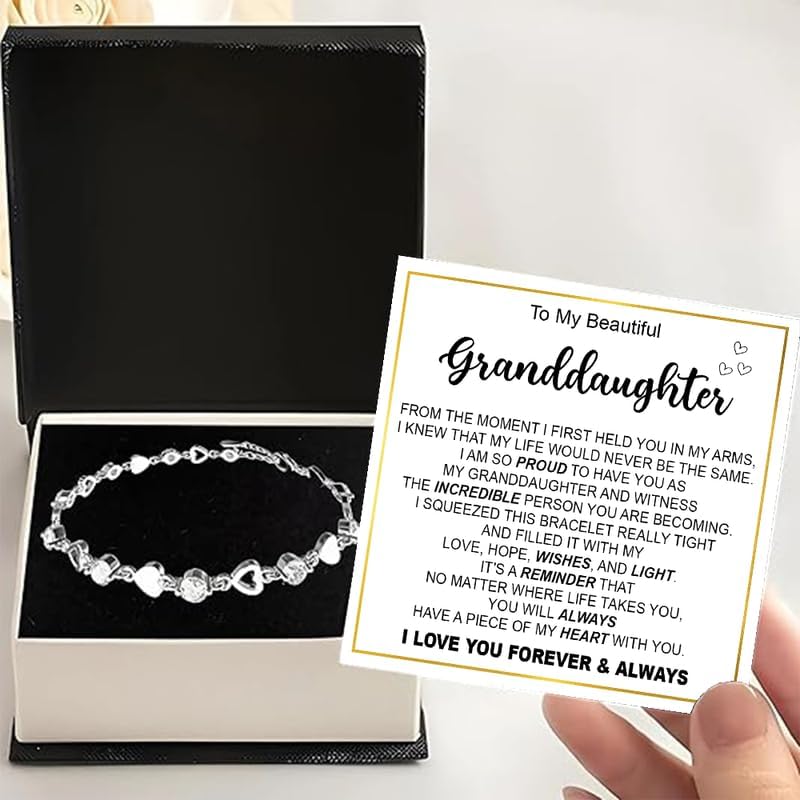To My Granddaughter Bracelet from Grandma and Grandpa, Heart Chain Bracelet with Shiny Stones, Birthday or Graduation Christmas Gift for Granddaughter with Message Card and Gift Box